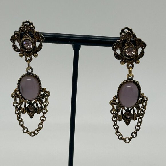 Vintage Gold Tone Drop Earrings Lavender Cabochons & Chain Dangles Elegant Retro - Picture 11 of 15